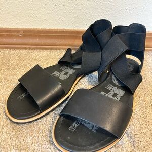 Sorel Black Leather Wrap Sandals with Elastic Ankle Straps